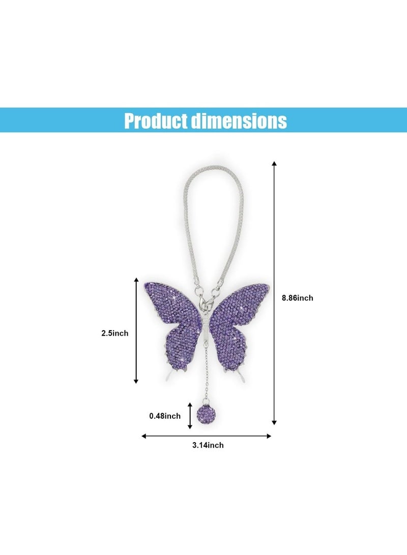 بلينج فراشة الماس السيارة معلقة الملحقات، كريستال فراشة المرآة الخلفية حظ السيارة ديكور الملحقات للنساء، عيد الحب يقدم قلادة الزينة لجميع السيارات (أرجواني) - Image 2